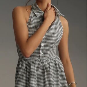 REFORMATION Tace Linen Dress | Gray-Blue Gingham Backless Midi Sundress NWOT